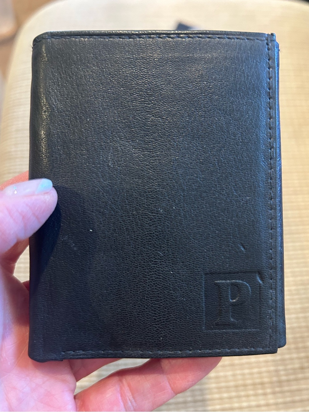 Men's Dark Brown Leather Wallet - Sleek Minimalist Carry with initial P